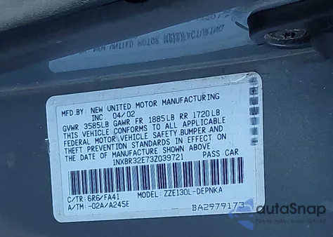 2003 Toyota Corolla Le z USA, uszkodzony, nr VIN 1NXBR32E73Z039721